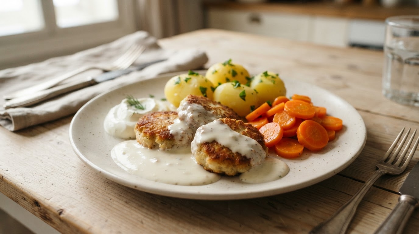 Klassiske fiskekaker med hvit saus, nypoteter og gulrøtter – illustrasjonsbilde