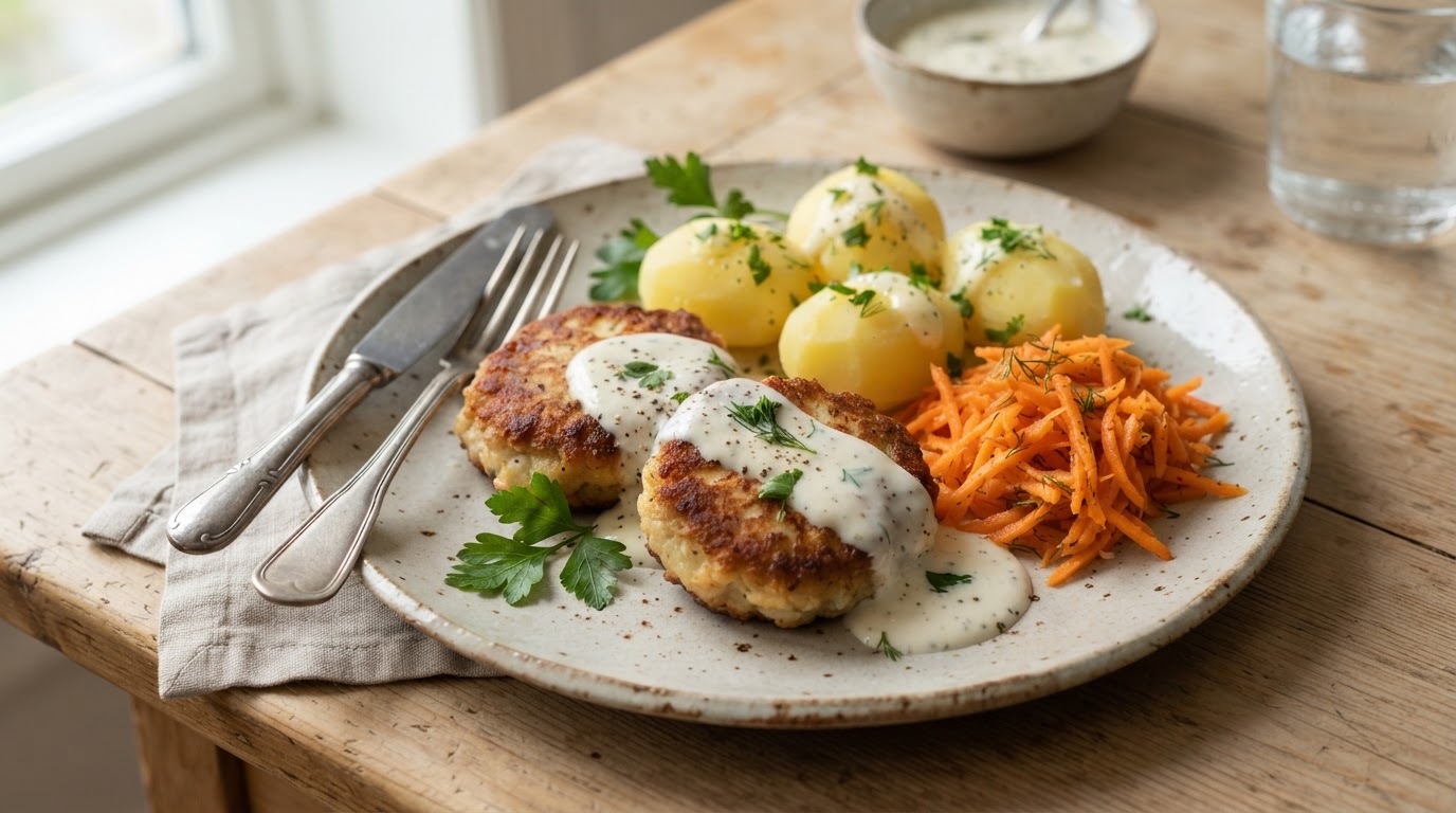 Klassiske fiskekaker med poteter, gulrøtter og hvit saus – illustrasjonsbilde
