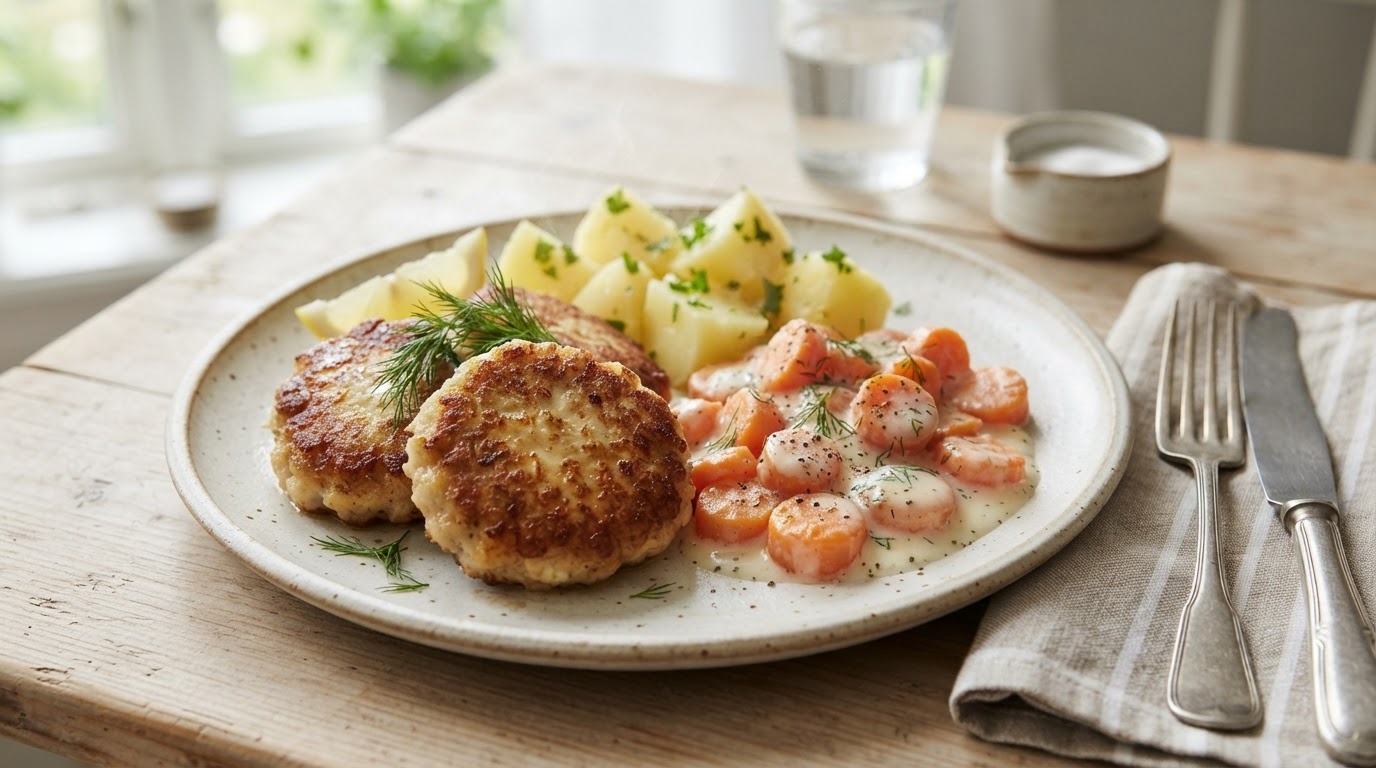 Klassiske fiskekaker med stuede gulrøtter og poteter – slik ser retten ut