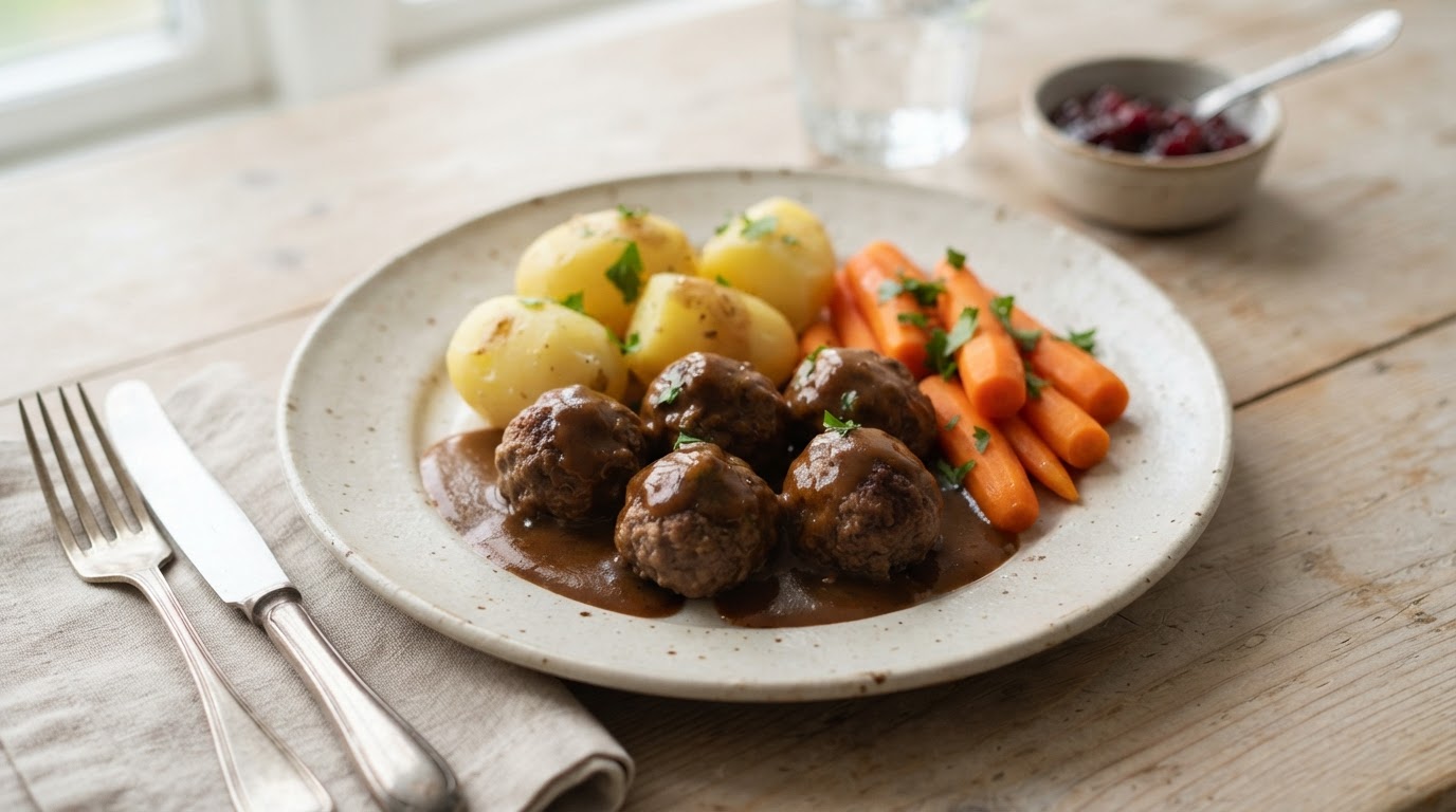 Klassiske kjøttkaker av storfe med poteter og melkefri brun saus – illustrasjonsbilde