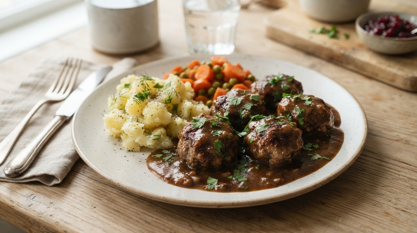 Klassiske kjøttkaker i brun saus i slow cooker – illustrasjonsbilde