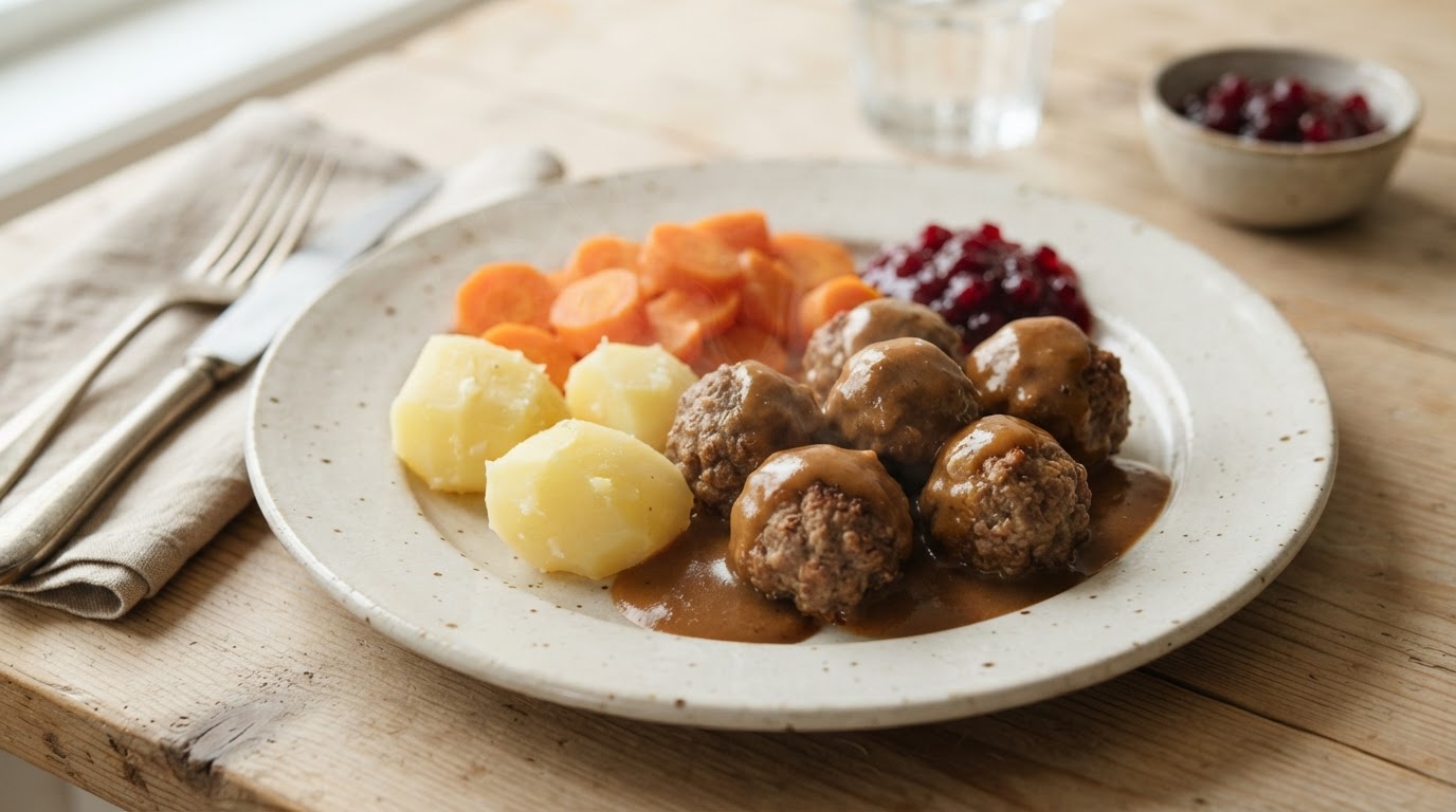 Klassiske kjøttkaker i brun saus med poteter og gulrøtter – illustrasjonsbilde