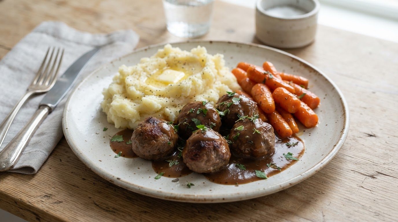 Klassiske kjøttkaker i brun saus med potetstappe og gulrøtter – illustrasjonsbilde