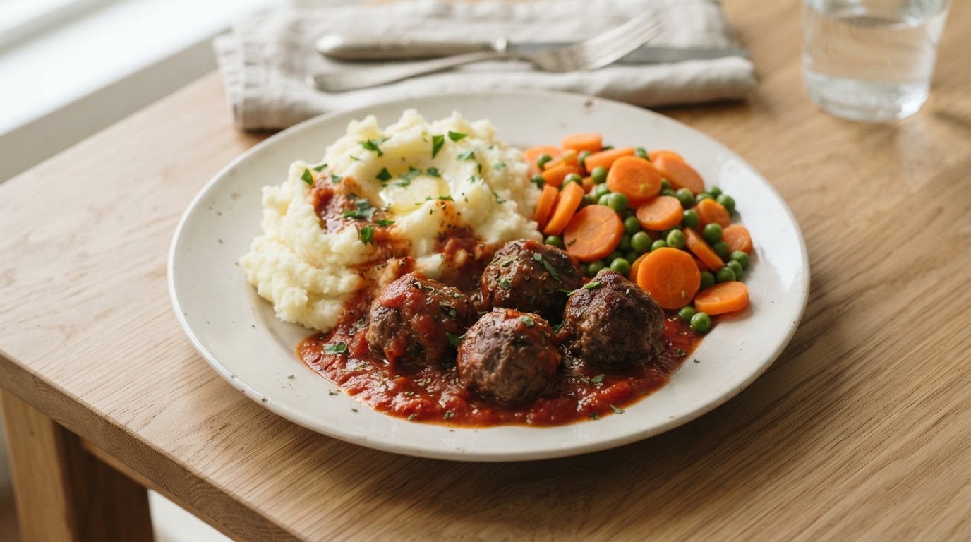 Klassiske Kjøttkaker i Tomatsaus med Potetmos – illustrasjonsbilde