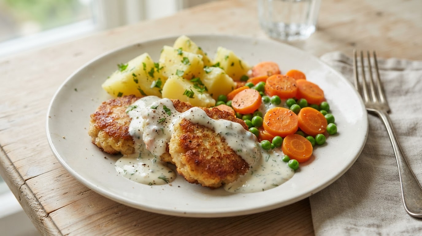 Klassiske melkefrie fiskekaker med poteter, gulrøtter og hvit saus – illustrasjonsbilde