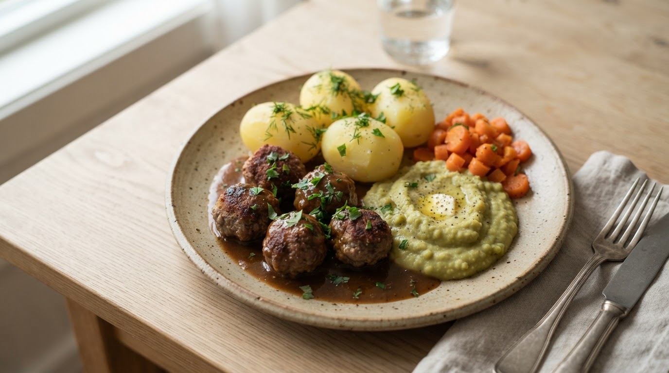 Klassiske norske kjøttkaker med poteter, erterstuing og brun saus – illustrasjonsbilde