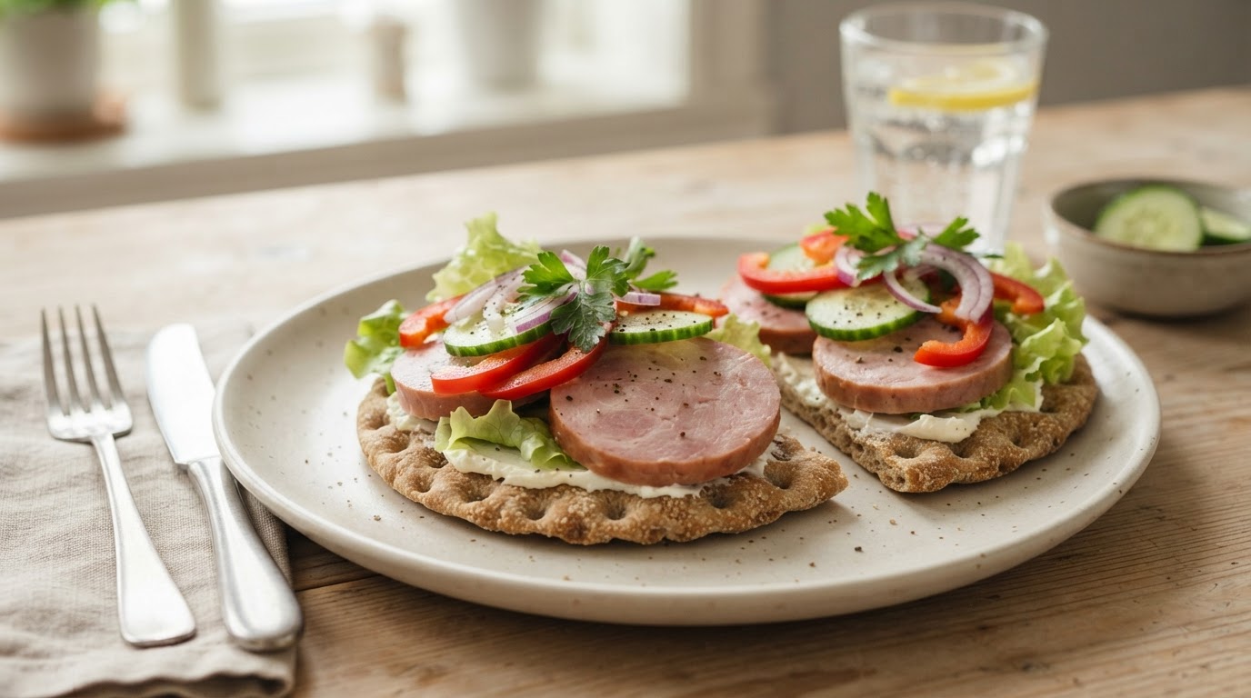 Klassiske polarbrød med skinke og friske grønnsaker – illustrasjonsbilde