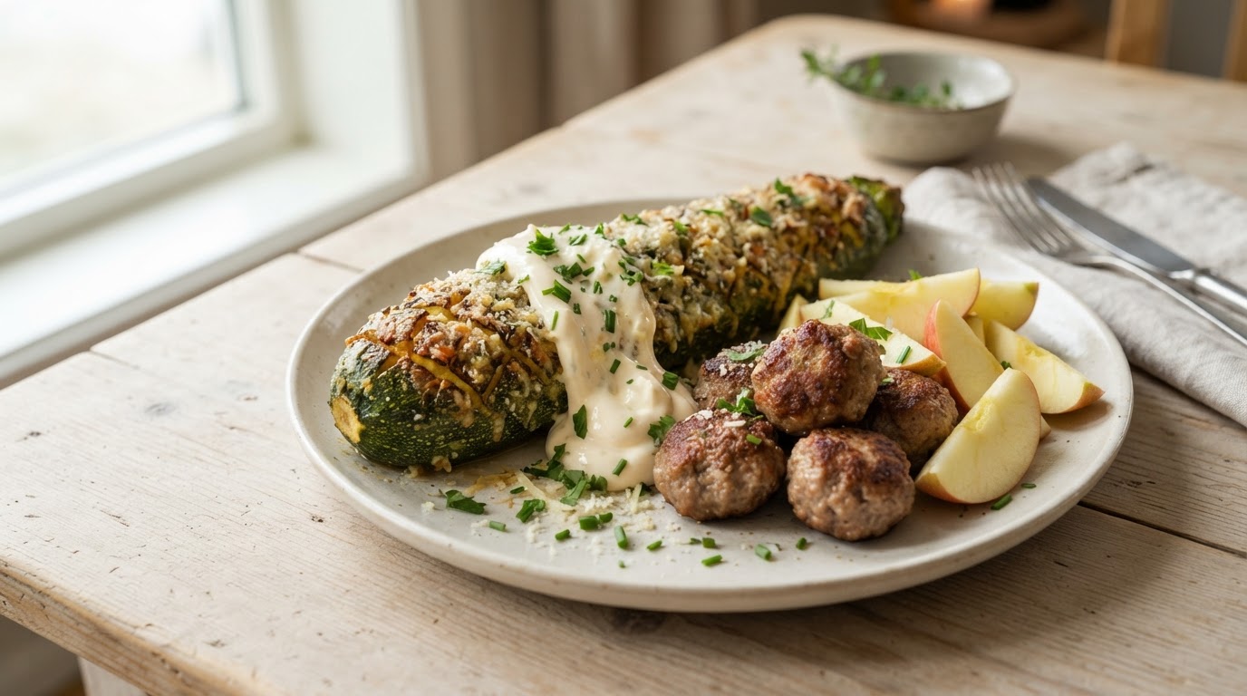 Klistret hel squash med parmesan, kjøttkaker og norske eplebåter – slik ser retten ut
