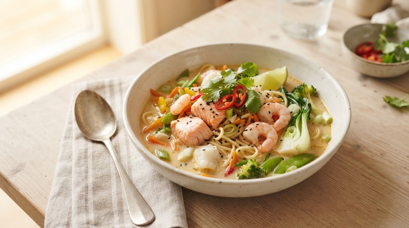 Kremet asiatisk fiskesuppe med nudler, laks og reker – illustrasjonsbilde