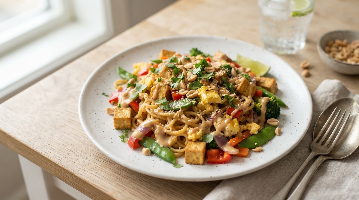 Kremet asiatisk nudelpanne med egg, tofu og peanøttsaus – illustrasjonsbilde