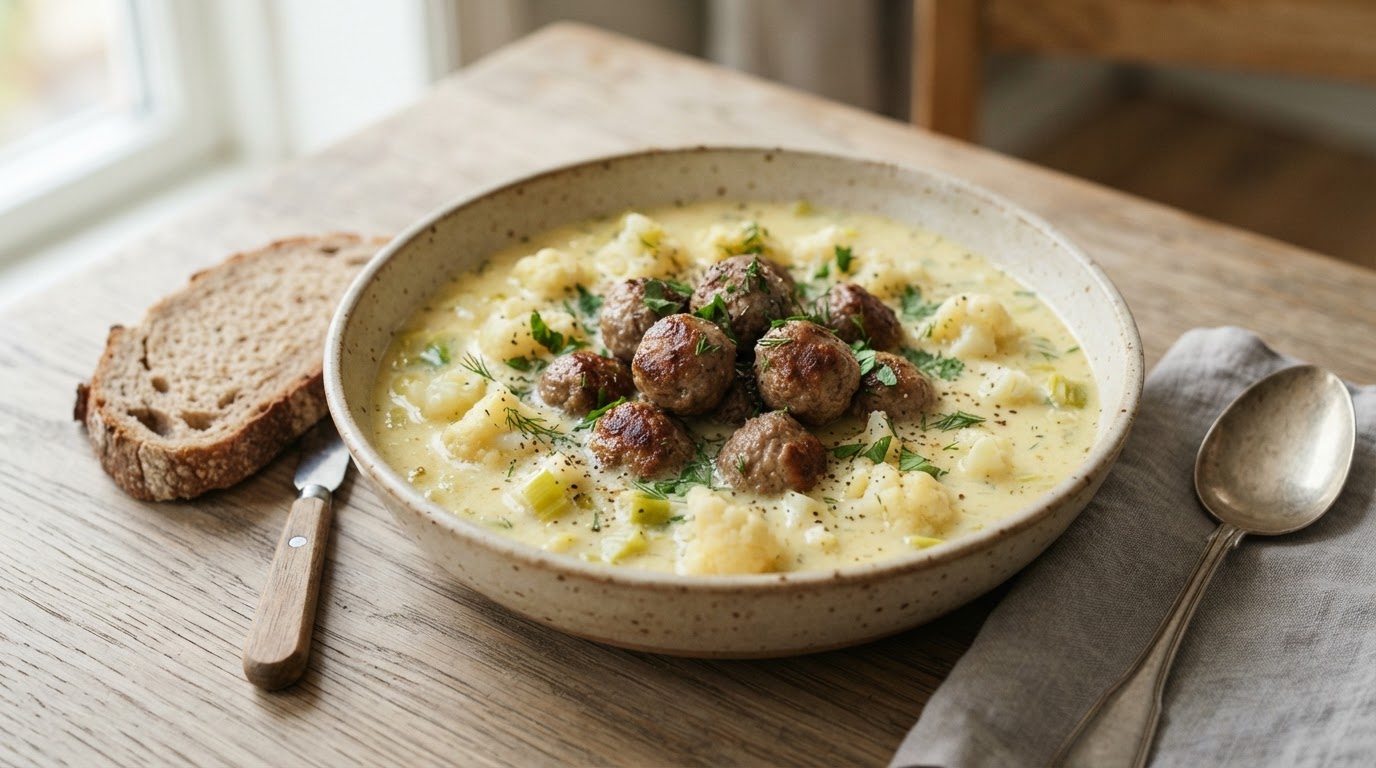 Kremet blomkål- og purreløksuppe med saftige kjøttboller og grovbrød – illustrasjonsbilde