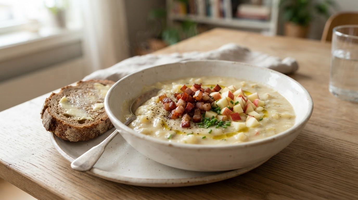 Kremet blomkål- og rotgrønnsakssuppe med sprøstekt bacon og eple – illustrasjonsbilde