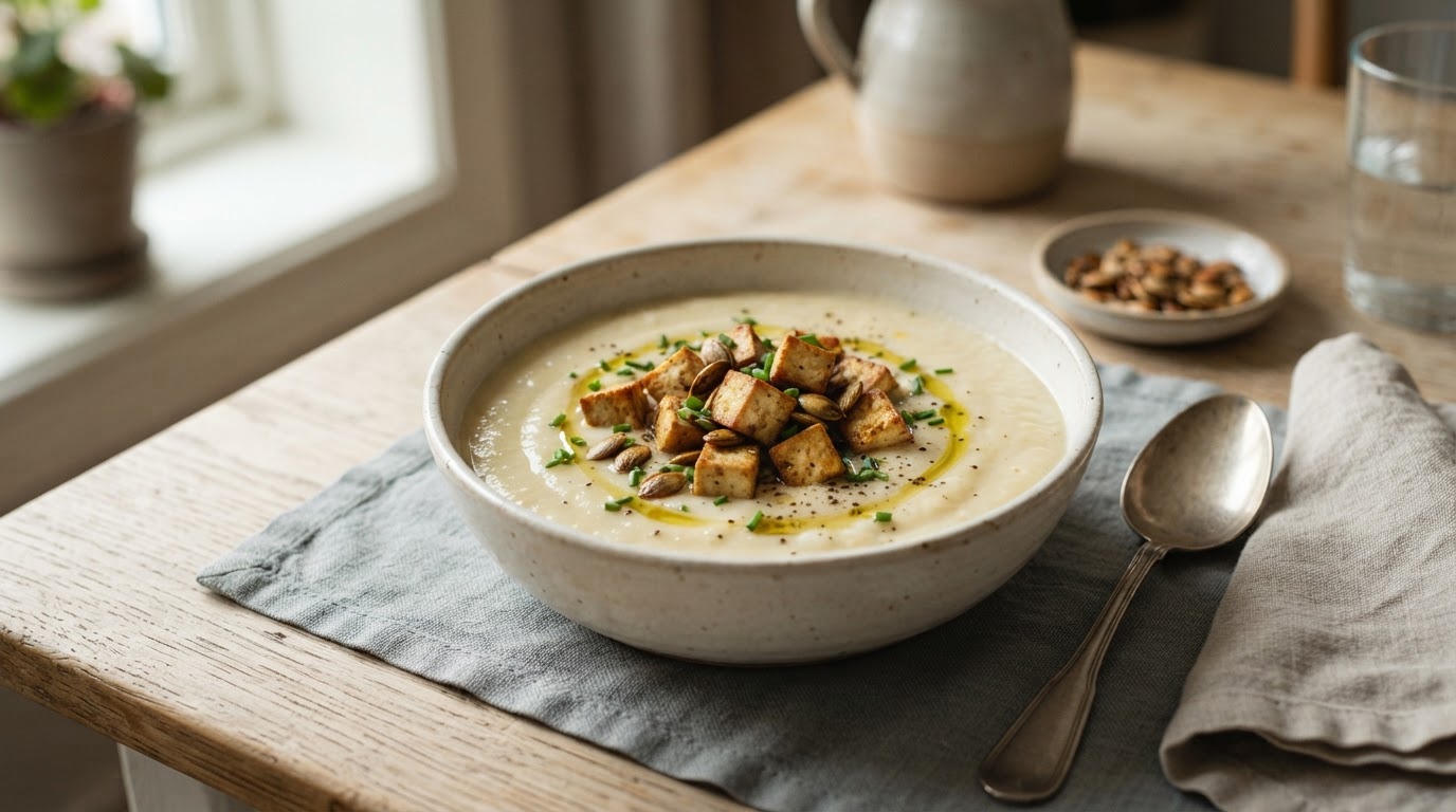Kremet blomkålsuppe med sprø tofu og gresskarkjerner – slik ser retten ut