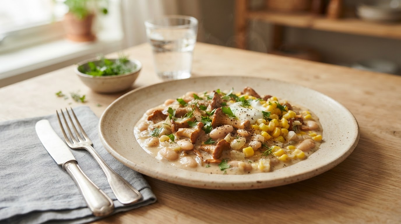 Kremet bønnestroganoff med kantareller og fersk mais – illustrasjonsbilde