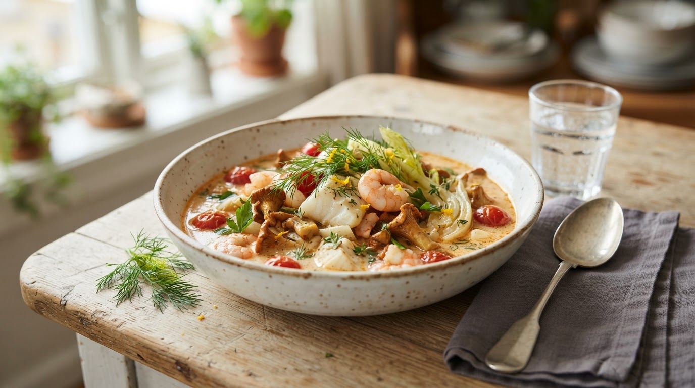 Kremet Bouillabaisse-inspirert fiskegryte med kantareller og fennikel – illustrasjonsbilde