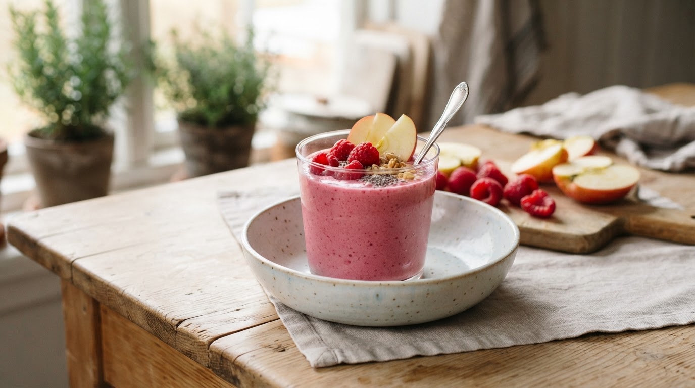 Kremet bringebærsmoothie med norske epler – illustrasjonsbilde