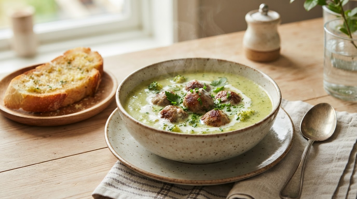 Kremet brokkolisuppe med milde kjøttboller og varmt hvitløksbrød – illustrasjonsbilde