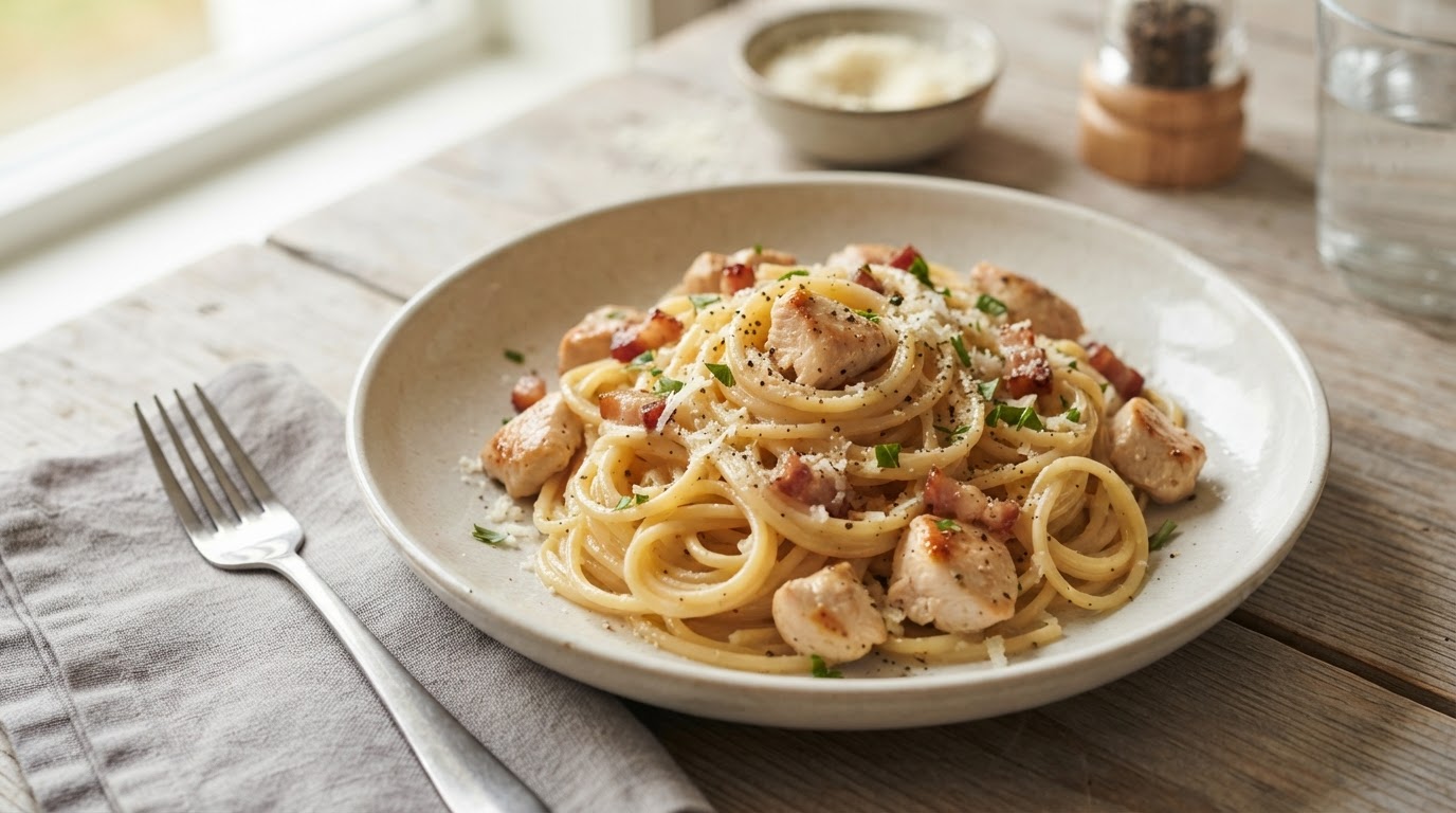Kremet carbonara med kylling og spagetti – illustrasjonsbilde