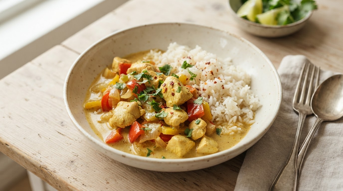 Kremet currygryte med kylling, paprika og jasminris – illustrasjonsbilde