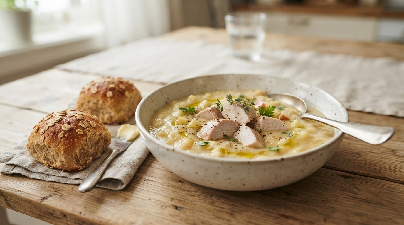 Kremet eple- og pastinakksuppe med kalkun og varme havrerundstykker – illustrasjonsbilde