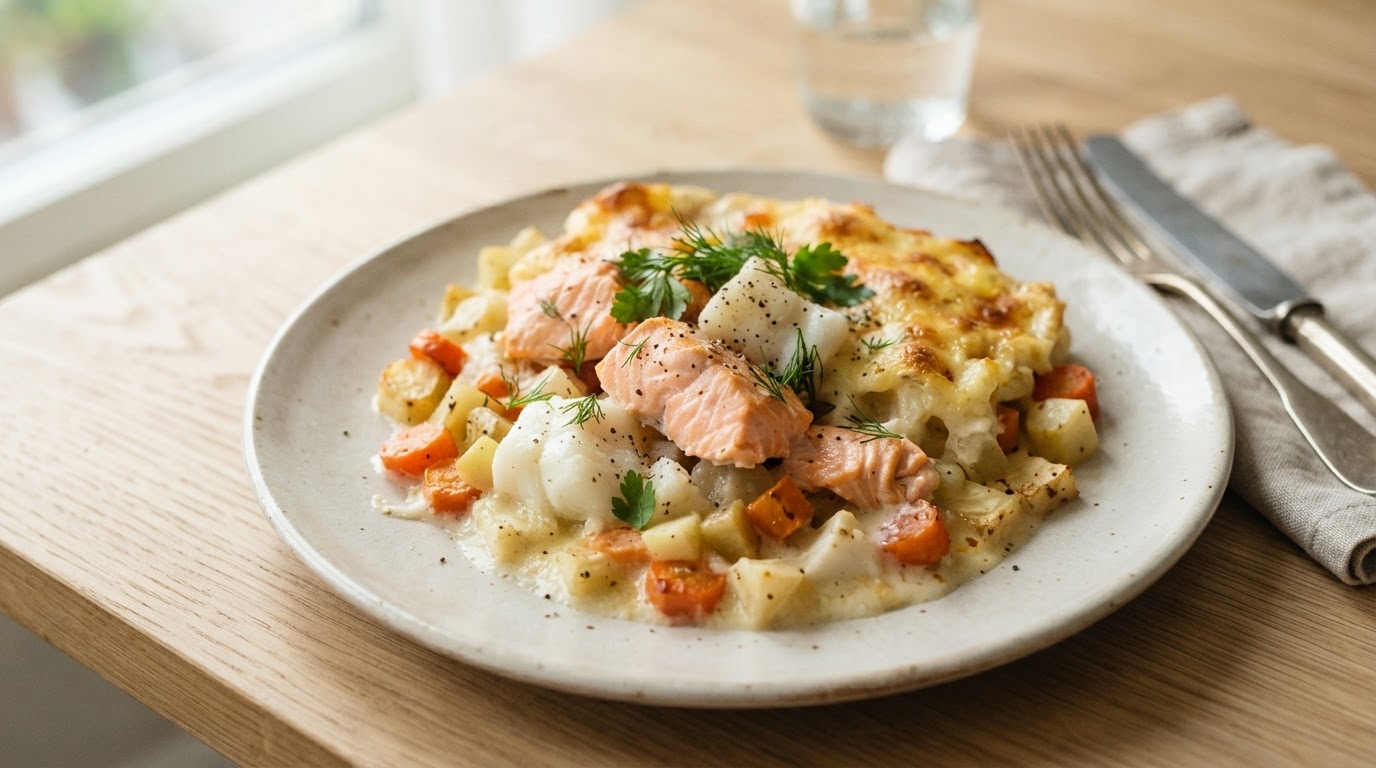 Kremet fiskeform med torsk, laks og eple – illustrasjonsbilde