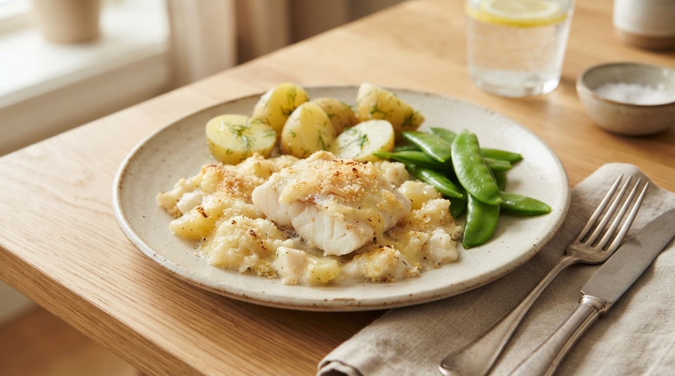 Kremet fiskegrateng med torsk, nypoteter og sukkererter – illustrasjonsbilde