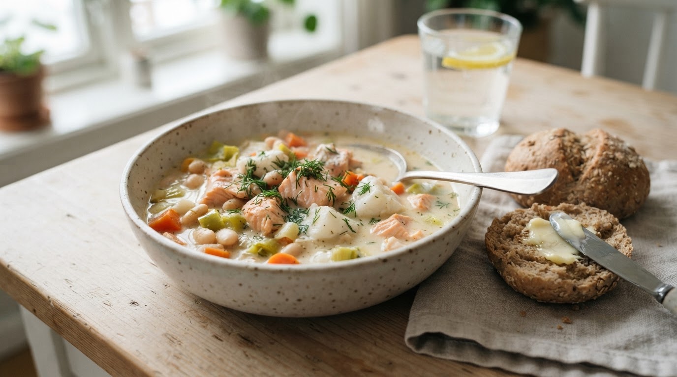 Kremet fiskegryte med laks, torsk og hvite bønner – illustrasjonsbilde