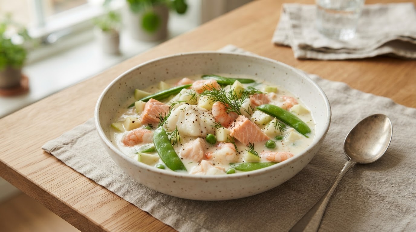 Kremet fiskegryte med torsk, laks, reker og sprø epler – illustrasjonsbilde