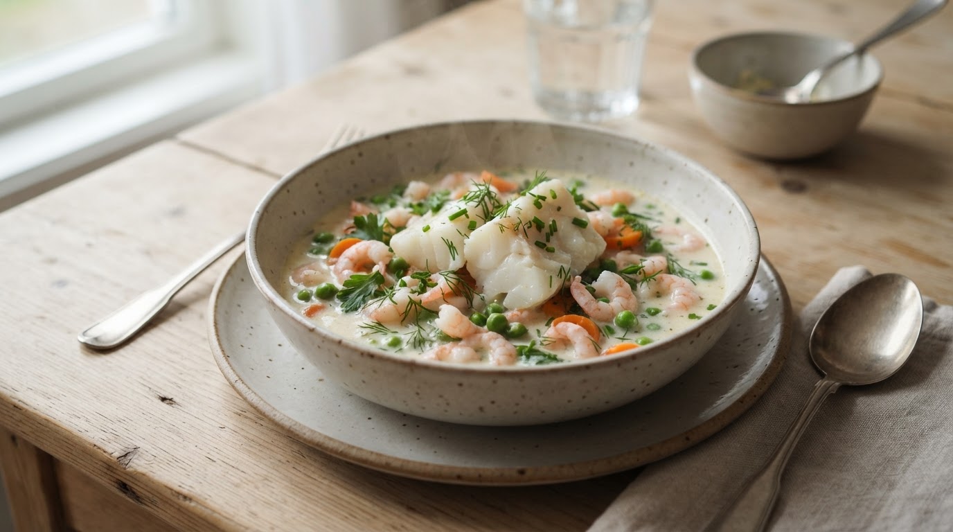 Kremet fiskegryte med torsk og reker – illustrasjonsbilde