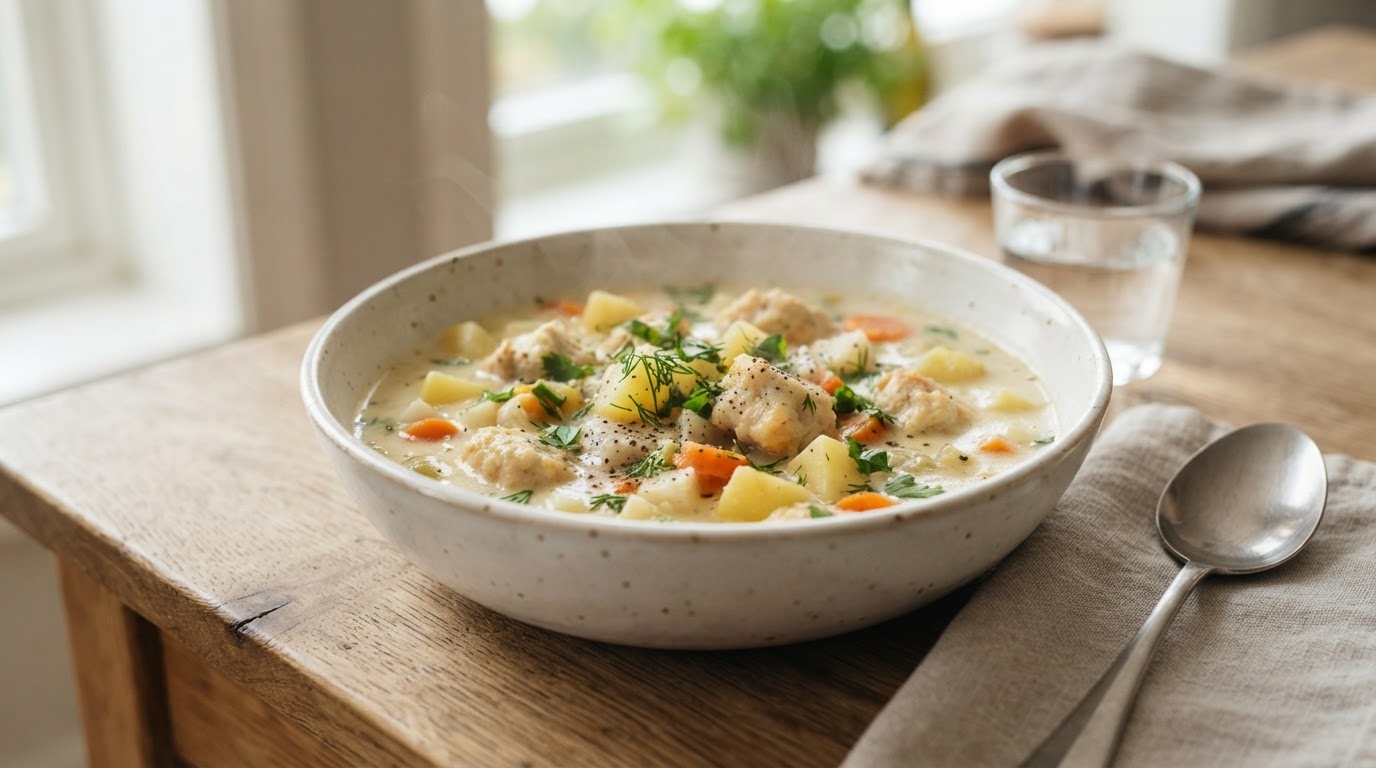 Kremet fiskekakesuppe med rotgrønnsaker – slik ser retten ut
