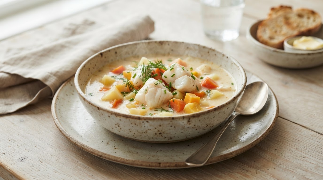 Kremet fiskesuppe med breiflabb, kålrot og rotgrønnsaker – illustrasjonsbilde