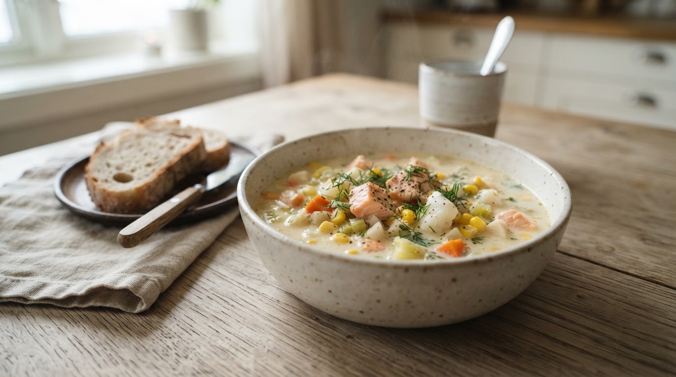 Kremet fiskesuppe med laks, torsk og fersk mais – illustrasjonsbilde