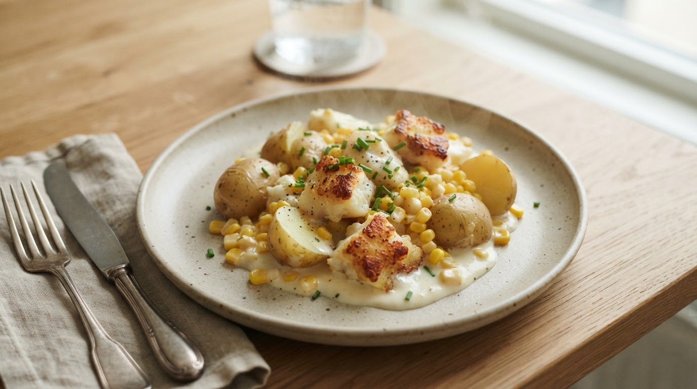 Kremet form med fiskepudding, fersk mais og nypoteter – illustrasjonsbilde