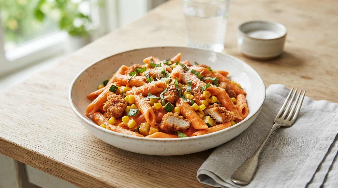 Kremet fredagspasta med kylling, fersk mais og squash – slik ser retten ut