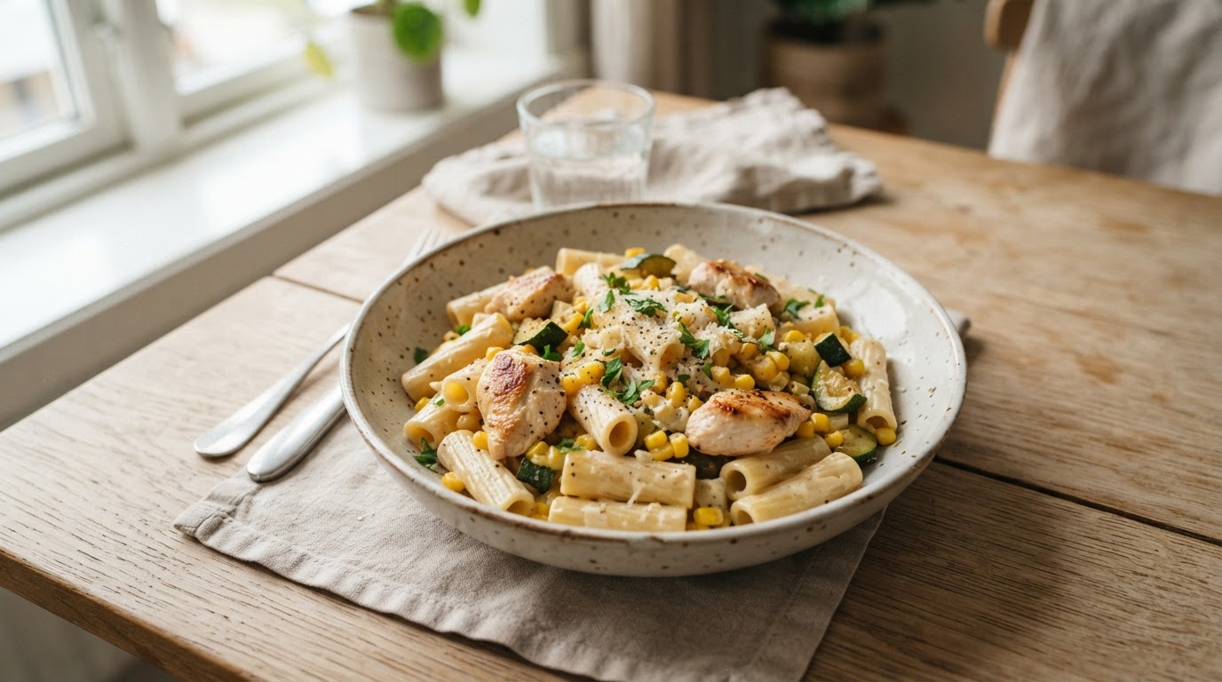 Kremet fredagspasta med kylling og fersk mais – slik ser retten ut