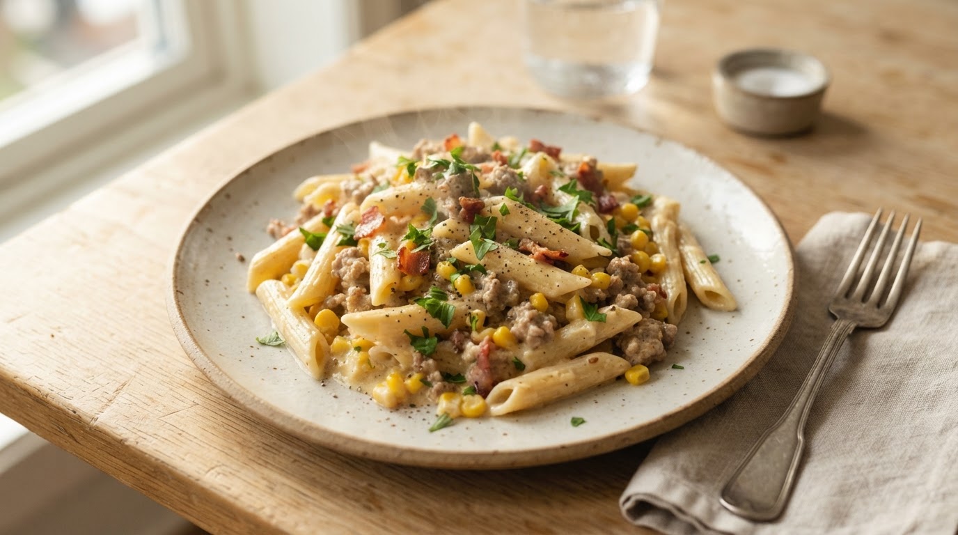 Kremet fredagspasta med svinekjøttdeig, bacon og fersk mais – slik ser retten ut