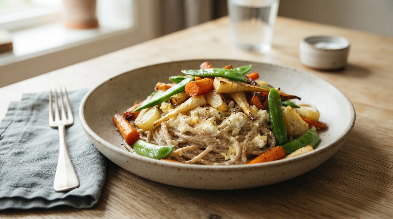 Kremet fullkornspasta Carbonara med cottage cheese og ovnsbakte norske rotgrønnsaker – illustrasjonsbilde
