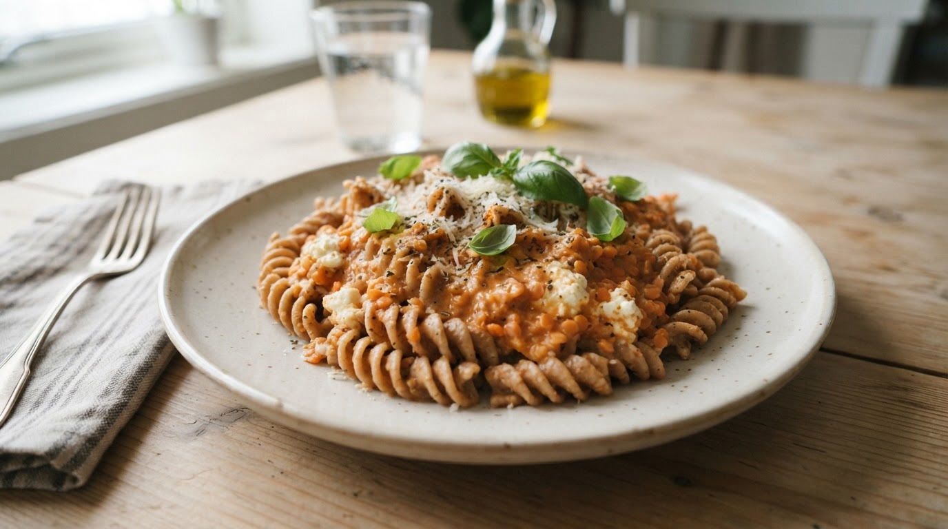 Kremet fullkornspasta med milde røde linser og tomatsaus – slik ser retten ut