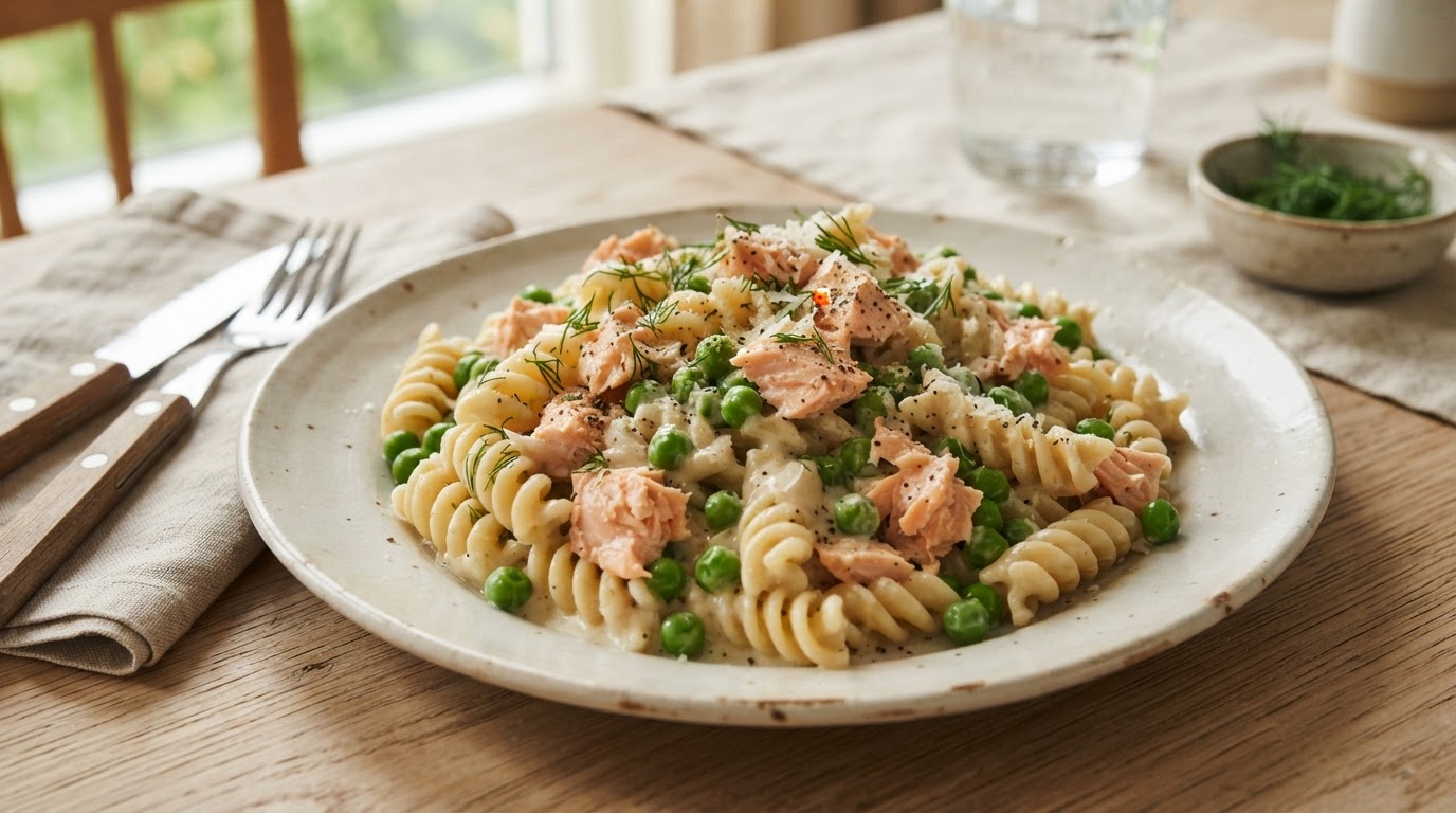Kremet glutenfri pasta med laks og grønnsaker – illustrasjonsbilde
