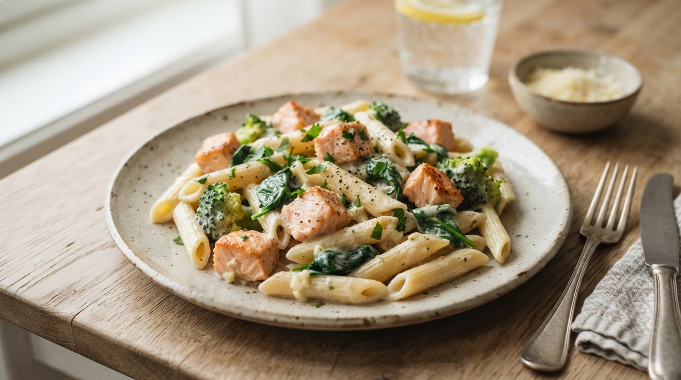 Kremet glutenfri pasta med lakseterninger, hvitløk og brokkoli – slik ser retten ut