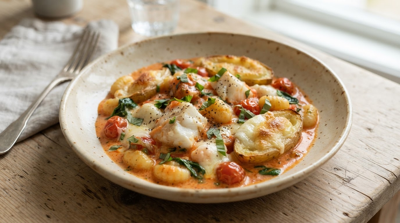 Kremet gnocchi- og torskepanne med tomatsaus og ost – slik ser retten ut