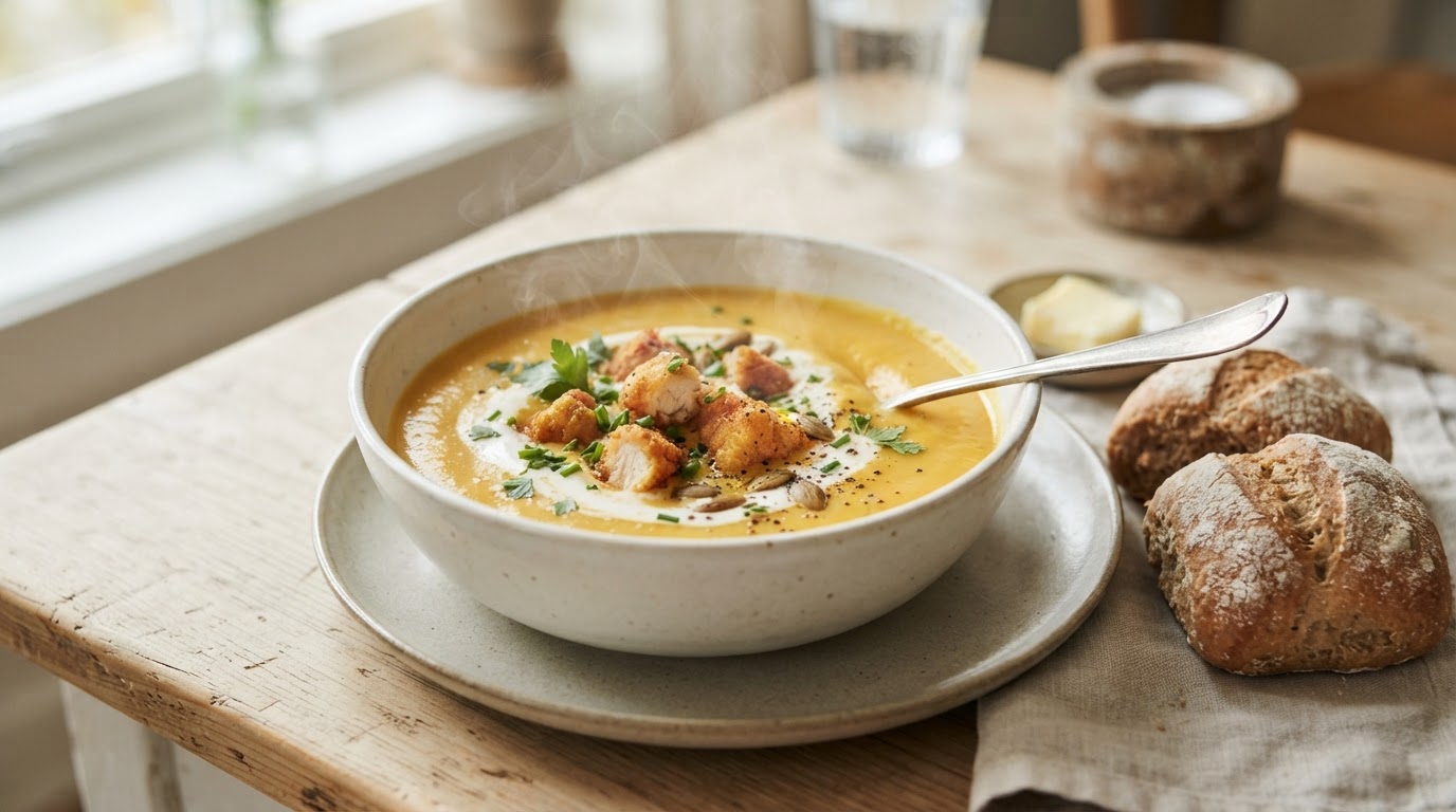 Kremet gresskarsuppe med kylling og varme rundstykker – illustrasjonsbilde