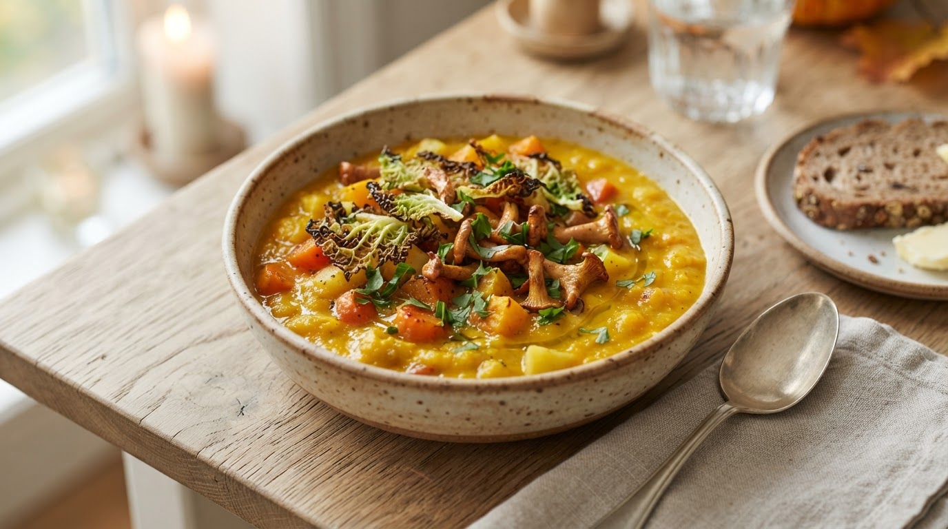 Kremet gresskarsuppe med rotgrønnsaker, sprø savoykål og kantareller – illustrasjonsbilde