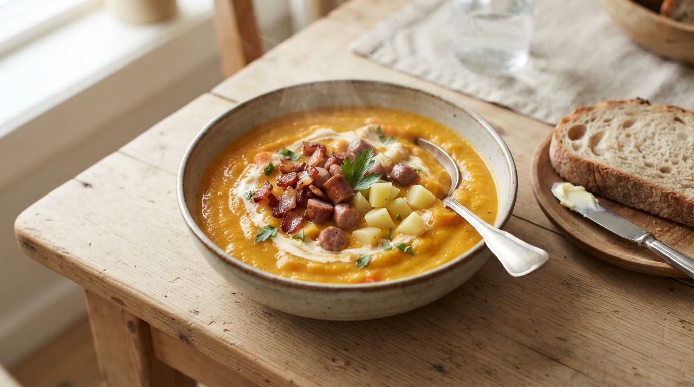 Kremet gresskarsuppe med søtpotet og sprøstekt bacon – illustrasjonsbilde
