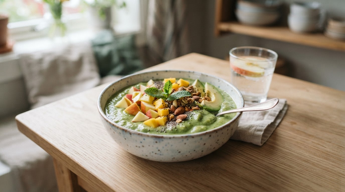 Kremet grønn smoothie med norske augustepler og avokado – illustrasjonsbilde