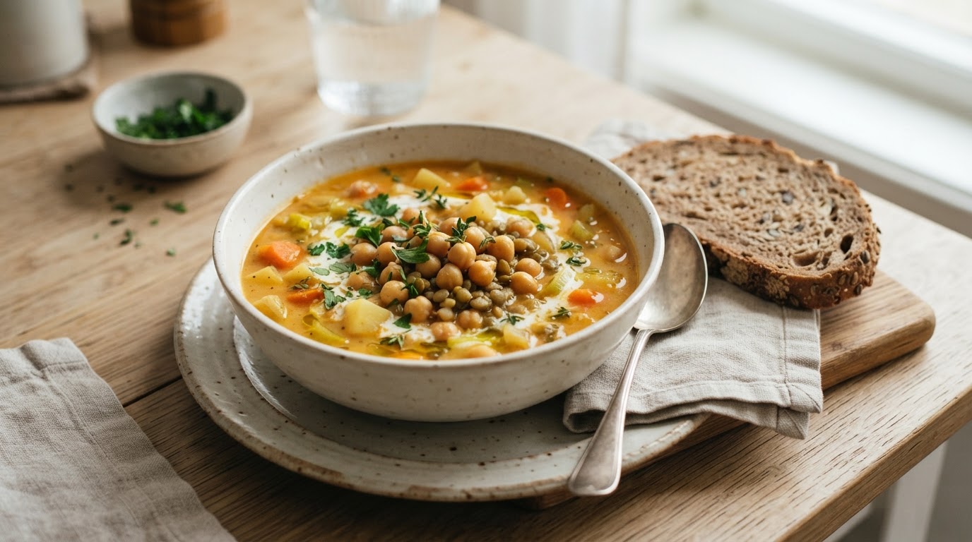 Kremet grønnsakssuppe med kikerter og grovt brød – illustrasjonsbilde