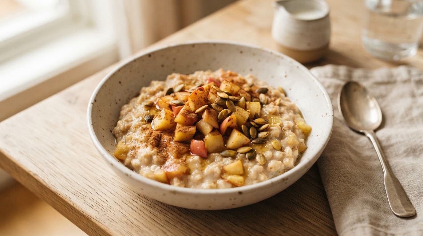 Kremet havrefrokost med ferske norske epler, kanel og gresskarkjerner – illustrasjonsbilde