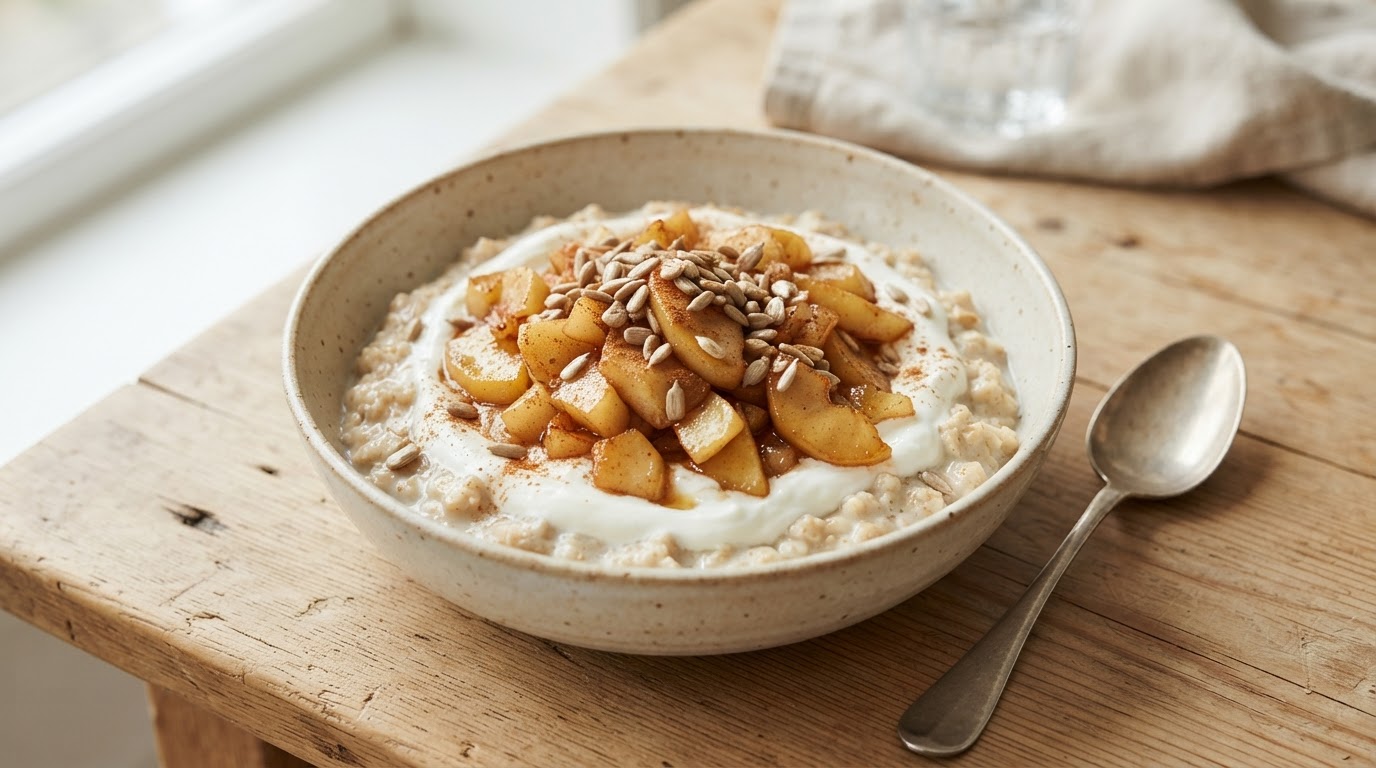 Kremet havregrøt med gresk yoghurt og kanelstekte norske epler – illustrasjonsbilde
