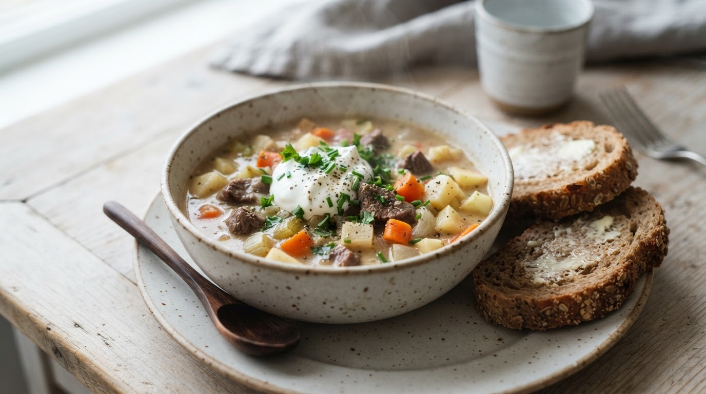 Kremet hjortesuppe med rotgrønnsaker, eple og grovbrød – illustrasjonsbilde