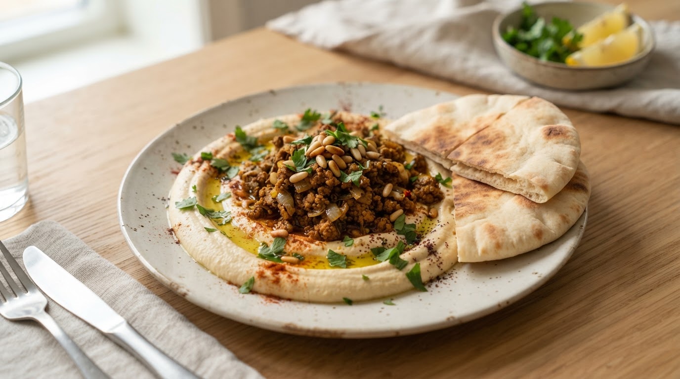 Kremet hummus med krydret kjøttdeig og varme pitabrød – illustrasjonsbilde